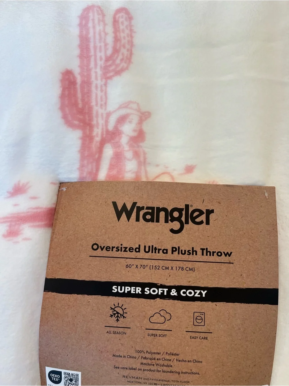 Wrangler Oversized Plush Throw Blanket - White with Pink Cactus Cowgirl Print